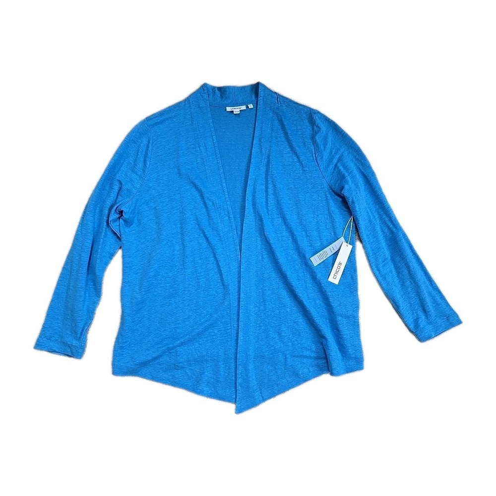 Chicos Sweater‎ Womens 3 US XL Blue Linen Flare Cardigan Open Front Stretch